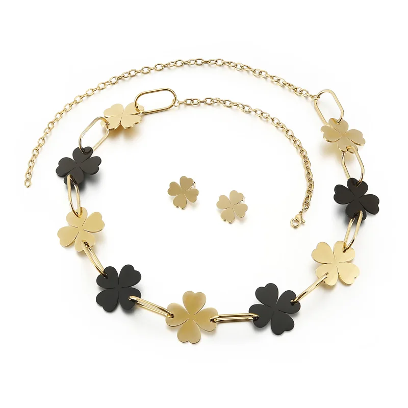 

Four-leaf Clover Sweater Chain Necklace Earring Set Stainless Steel Jewelry, Gold,sliver