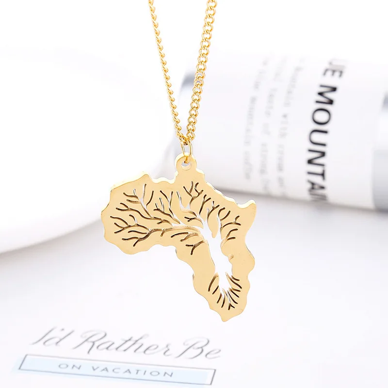 

2021 Latest Wholesale Personality Hip Hop Pendant Stainless Steel Africa Map Shape Tree Of Life Necklace, Picture shows