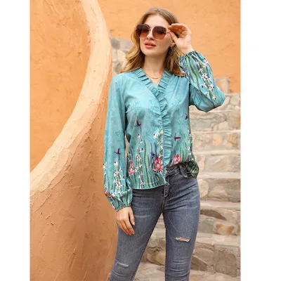 

Spring 2021 new hedging V-neck long-sleeved printed floral shirt ruffled shirt, As pictures