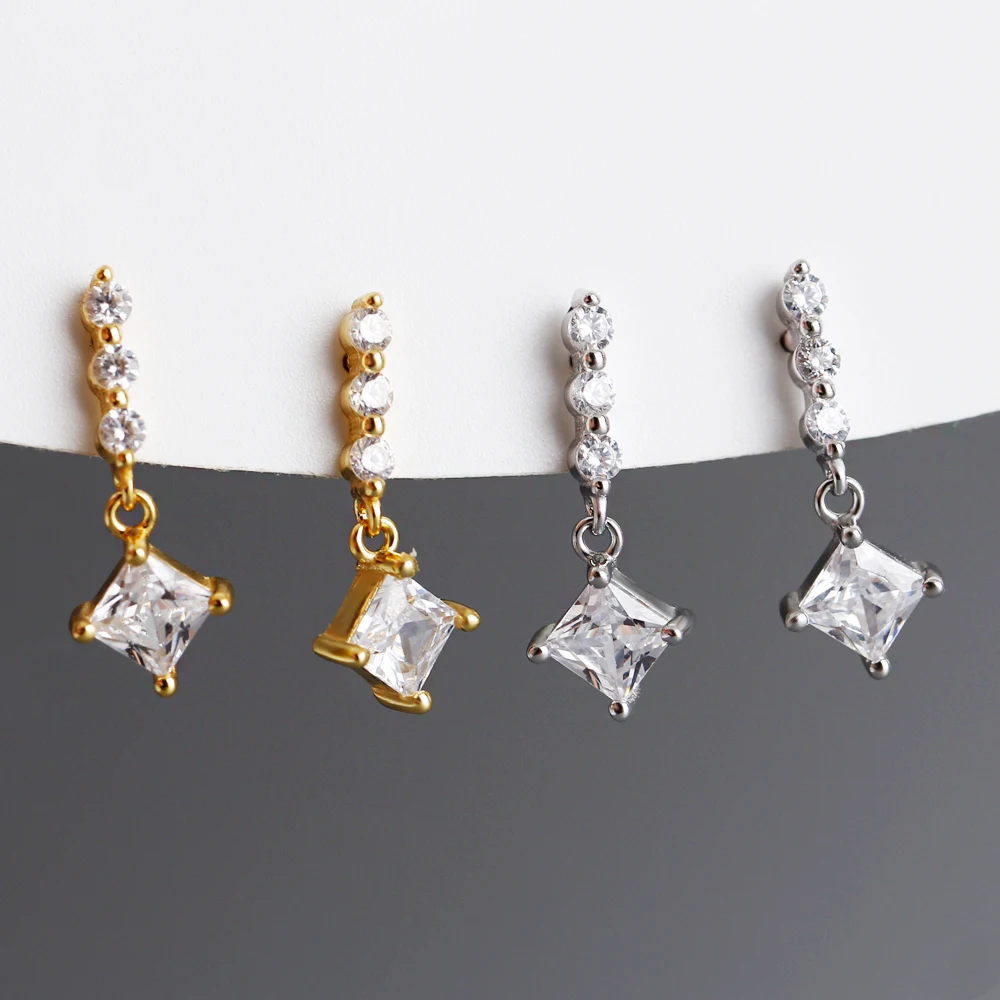 

wholesale fashion jewelry 925 sterling silver Square CZ diamond dangling gold plated stud earring jewelry for women