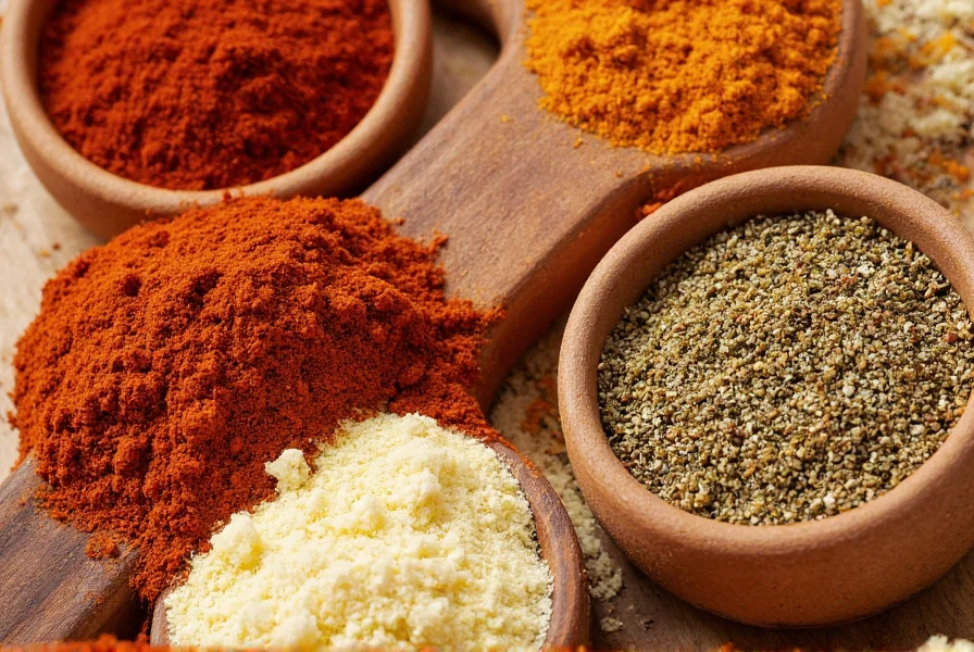 Close-up of various spices for chili recipe arranged in small bowls: chili powder, cumin, smoked paprika, garlic powder, and oregano