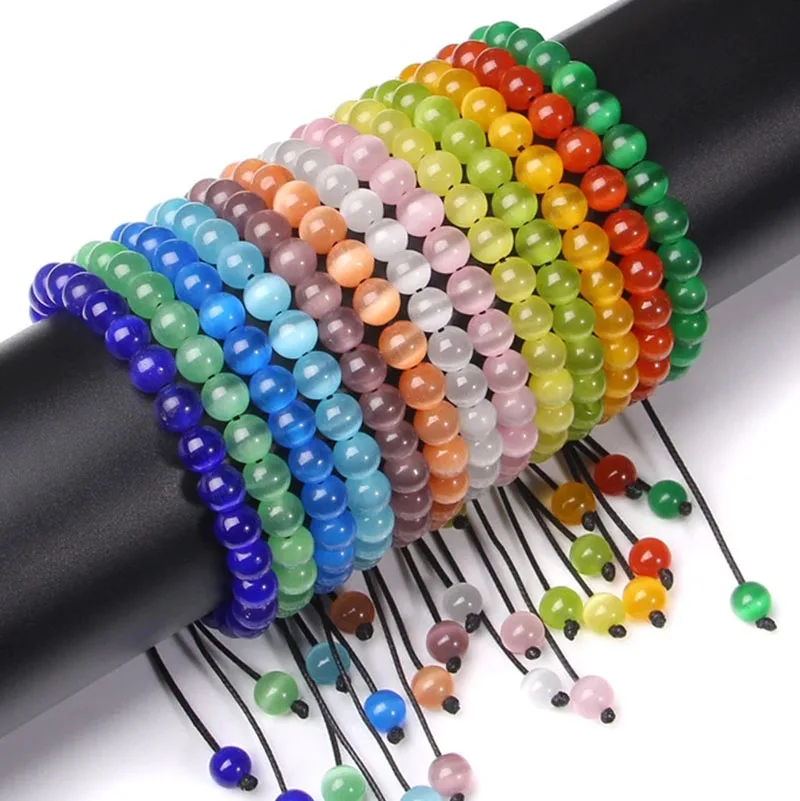

8mm Cat Eye Beads Bracelet Colorful Natural Opal Stone Crystal Chakra Strand Macrame Bracelets For Women