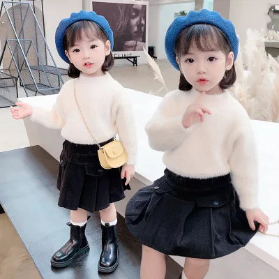 

B53714A Autumn winter children's sweater little girls sweet round collar soft sweater, Beige