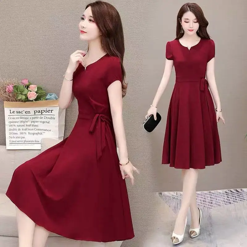 

2022 New Women Elegant Vintage Bow Dress Casual Short Sleeve Midi Party Vestido Plus Size Solid Color Casual Dress, Black,red,orange