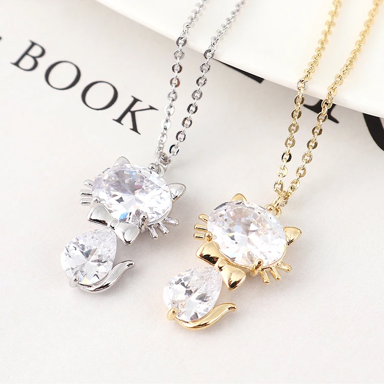 

Fashion Real 14K Gold Plated Bling Rhinestone Cute Cat Pendant Necklace Crystal Kitty Cat Pendant Necklace For Girls Children, Picture color