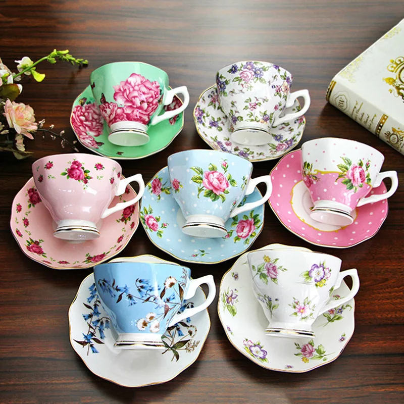 

Different flowers bone china coffee cup and saucer red tea cup and saucer set, White