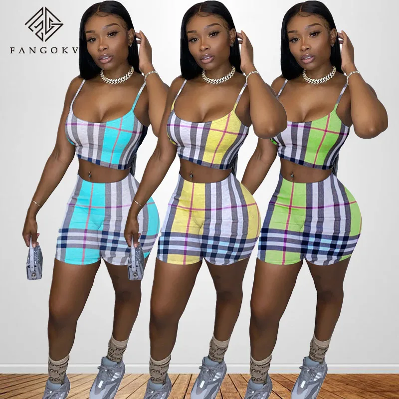 

Hot selling 2020 plaid women crop tops and women's shorts two piece shorts set women, 5 colors