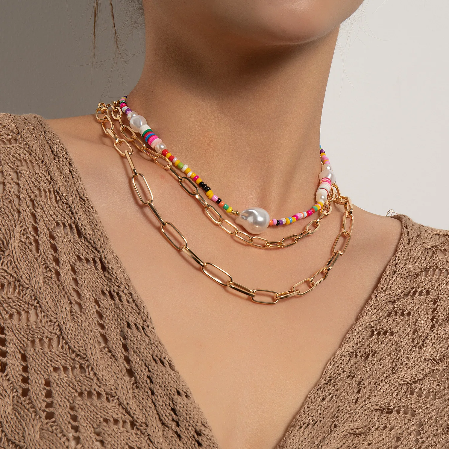 

European Bohemian 18K Gold Plated Multi Layer Clavicle Chunky Papercli Chain Necklace Baroque Pearl Color Beaded Choker Necklace