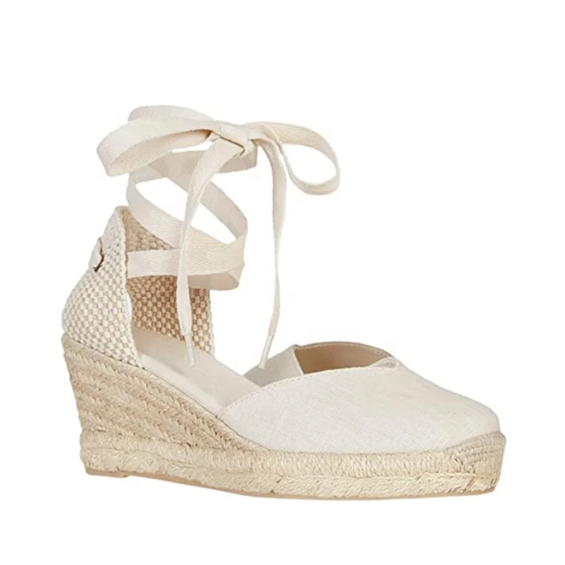 

2020 Women Canvas Espadrille Wedges Sandals Closed Toe Platform Lace Up Ankle Wrap Strap Sandals, Beige,pink,yellow or customized color