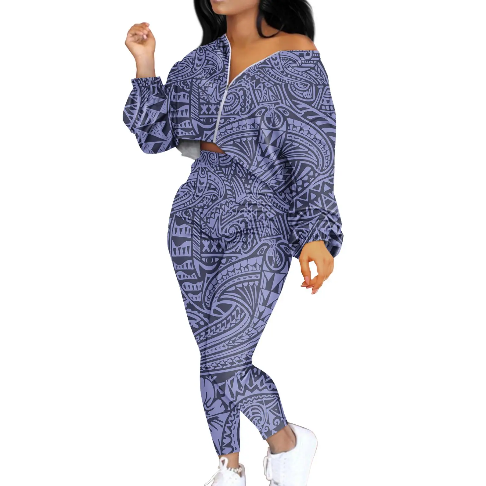 

Cook Islands Hawaii Tribal Polynesian Gold Plumeria Floral Print Plus Size Women 2Pcs Set Tracksuits Long Sleeve Crop Top Outfit, Customized color