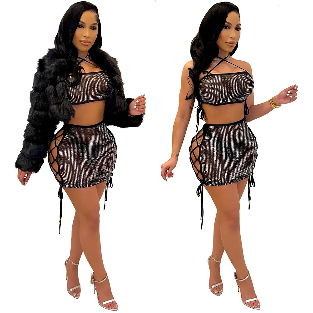 

Women clothing two piece set Fashion sexy Tether hollow halter neck ladies nightclub style bag hip slim sequin sets