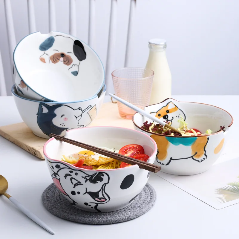 

Hand-painted relief cartoon student noodle bowl animal tableware set Korean animal ceramic bowl and spoon