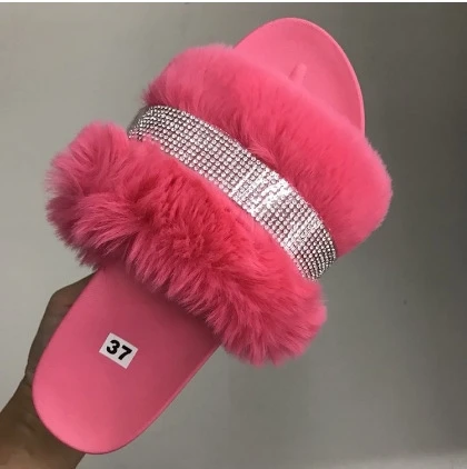 

2021 drop shipping shining diamonds faux fur ladies platform thick sole sandals outdoor beach slippers for women