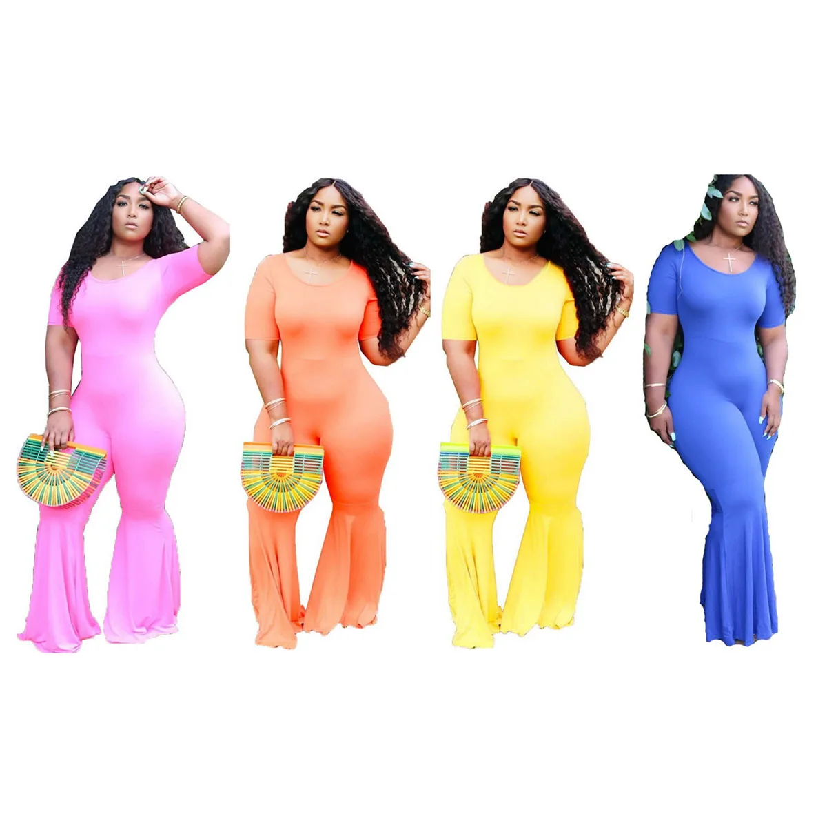 

Summer 2021 flared pants women bodycon trousers plus size solid color one piece jumpsuits, 4 colors