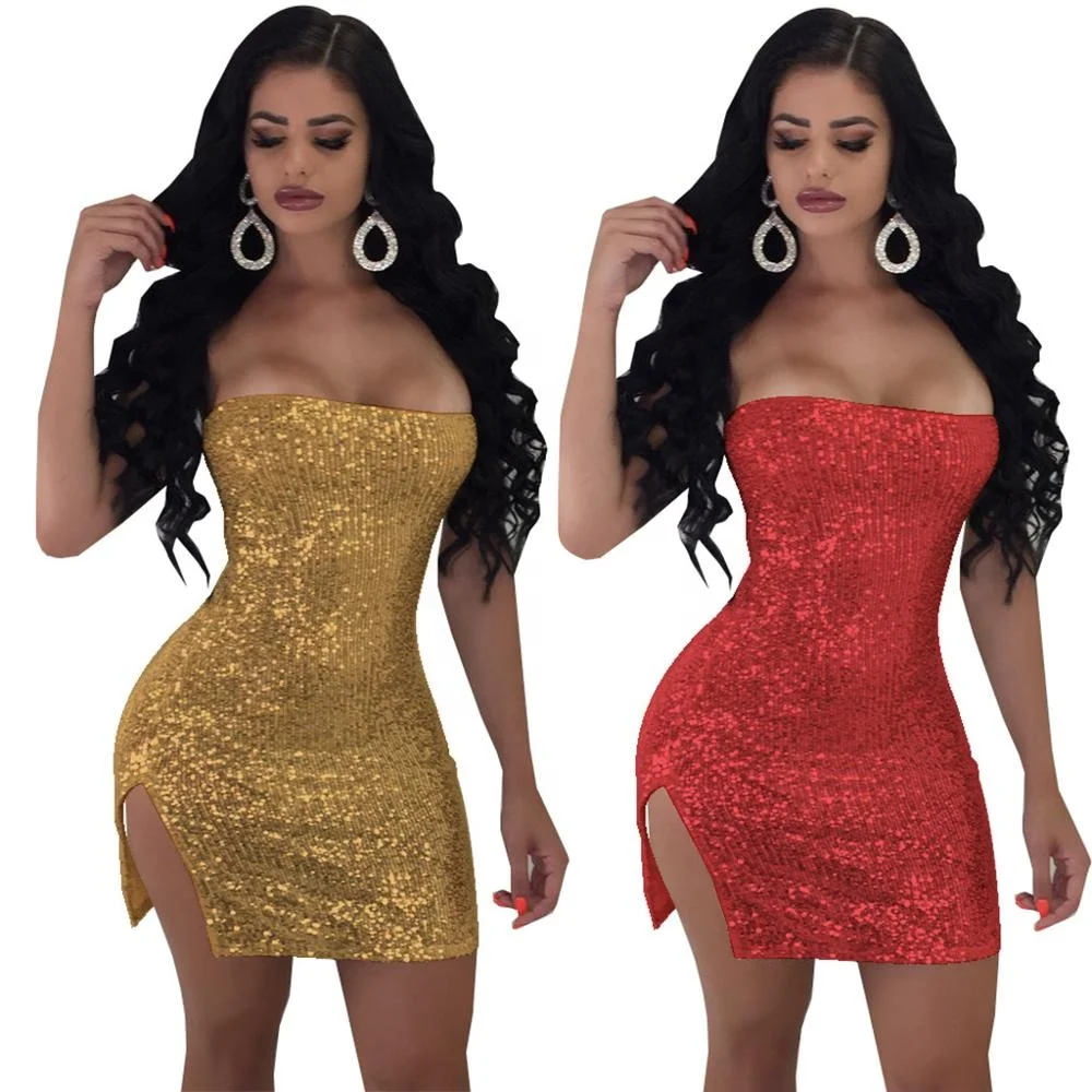 

B62640A European and American tight sequins sexy breast dress night wear