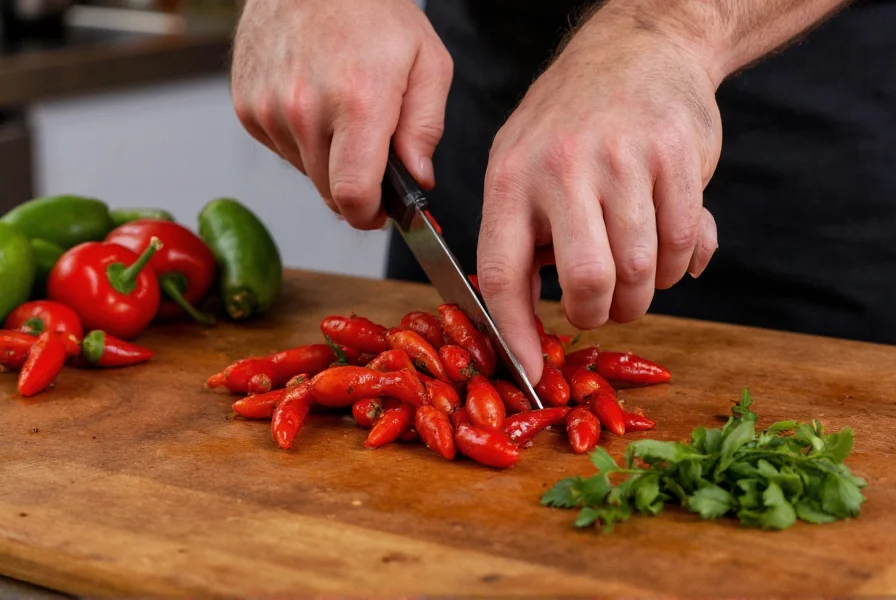 Chef's hands preparing traditional Mexican salsa with fresh chili tepin peppers and other ingredients