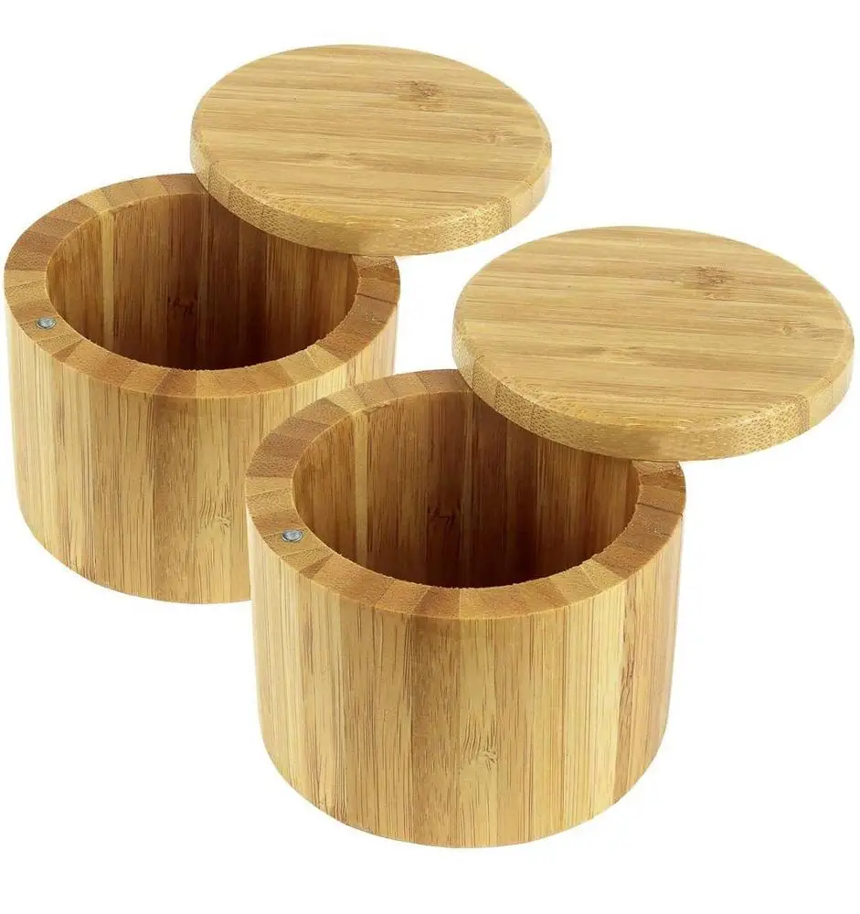 

Round Bamboo Tea Spice Salt and pepper pots Box bamboo Storage Box with Magnetic Swivel Lid Totally