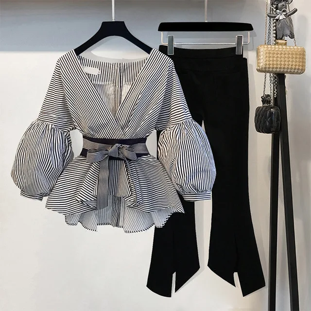 

S-3XL Women Korean Summer Office 2 Piece Set V-neck Lantern Sleeve Bow Striped Blouse Shirt + Split Pencil Flare Pant SET 15%