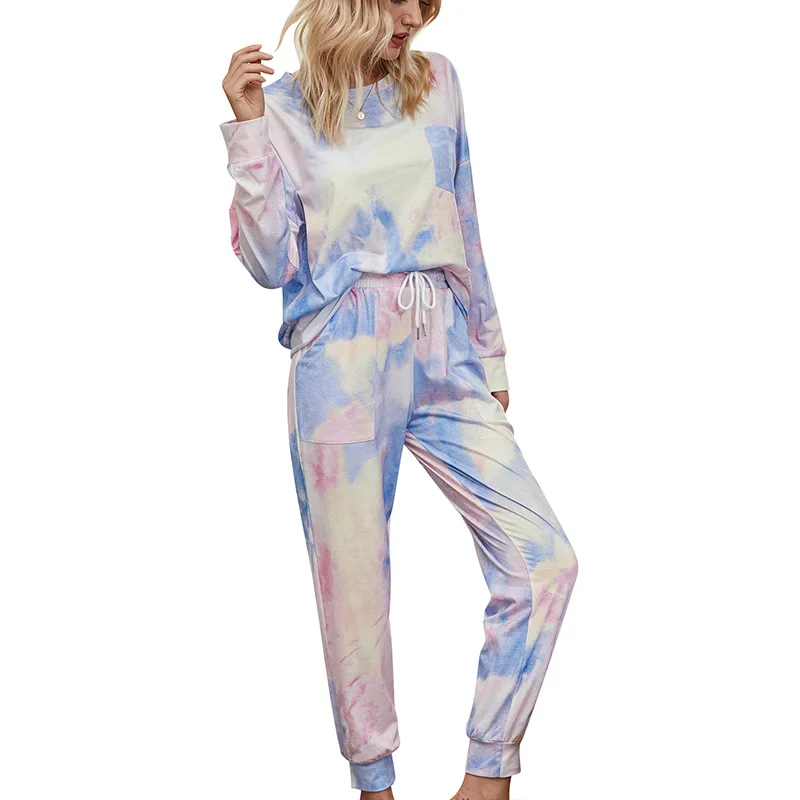 

New Home Wear Two Pieces Set Women Sleepwear Long Sleeve 2 Piece Tie Dye Pajamas For Women