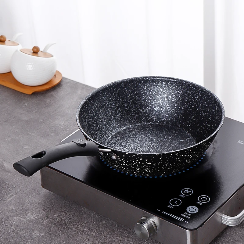 

23 CM Large Nonstick Fry Pan Medical stone Wheat Rice Mineral Metal Cover Anti-scalding Cookware with Glass Lid