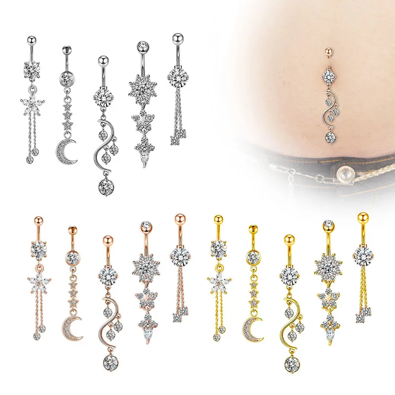 

POENNIS wholesale pretty cz butterfly moon dangling women 11 hot sex navel ring body piercing jewelry belly button ring set, Silver,rose gold,gold