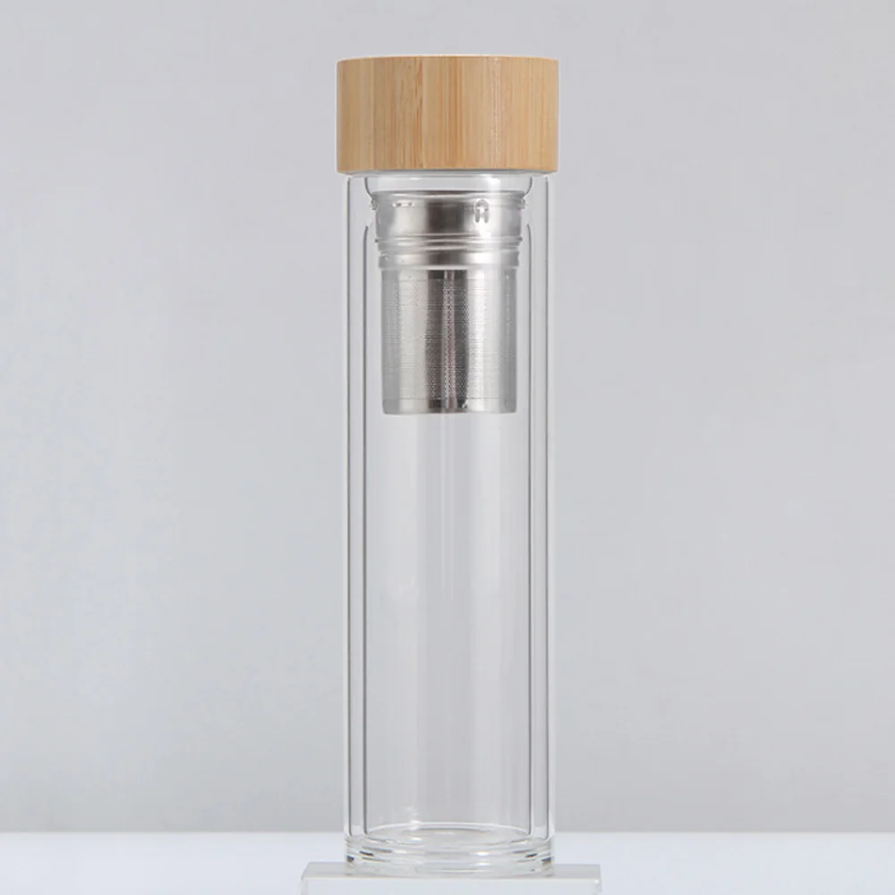 

Double Wall Sports Detachable Infuser Strainer Borosilicate Glass Water Bottle Teacups with Bamboo Lid for Tea 450ml