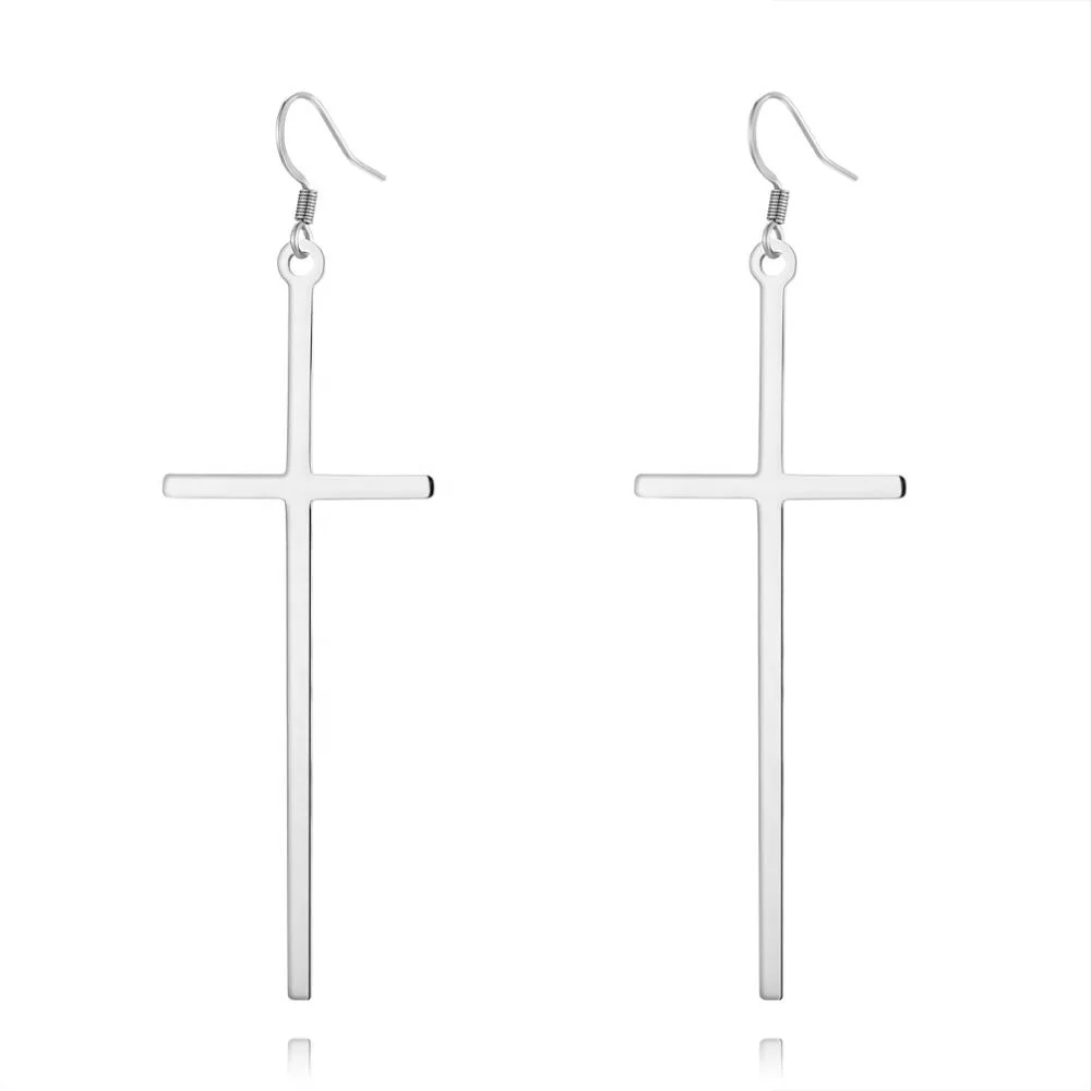 

Loftily Jewelry Ladies Charming Popular Jewelry Fashionable Elegant Punk Big Long Cross 316L Stainless Steel Cross Earrings, Silver color