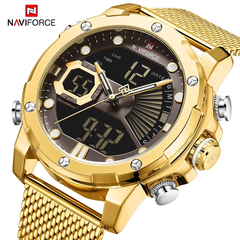 

NAVIFORCE Men Watch Quartz Digital Male Clock Military Sport Stainless Steel Top Brand Luxury Gold Fashion Man Wristwatch 9172