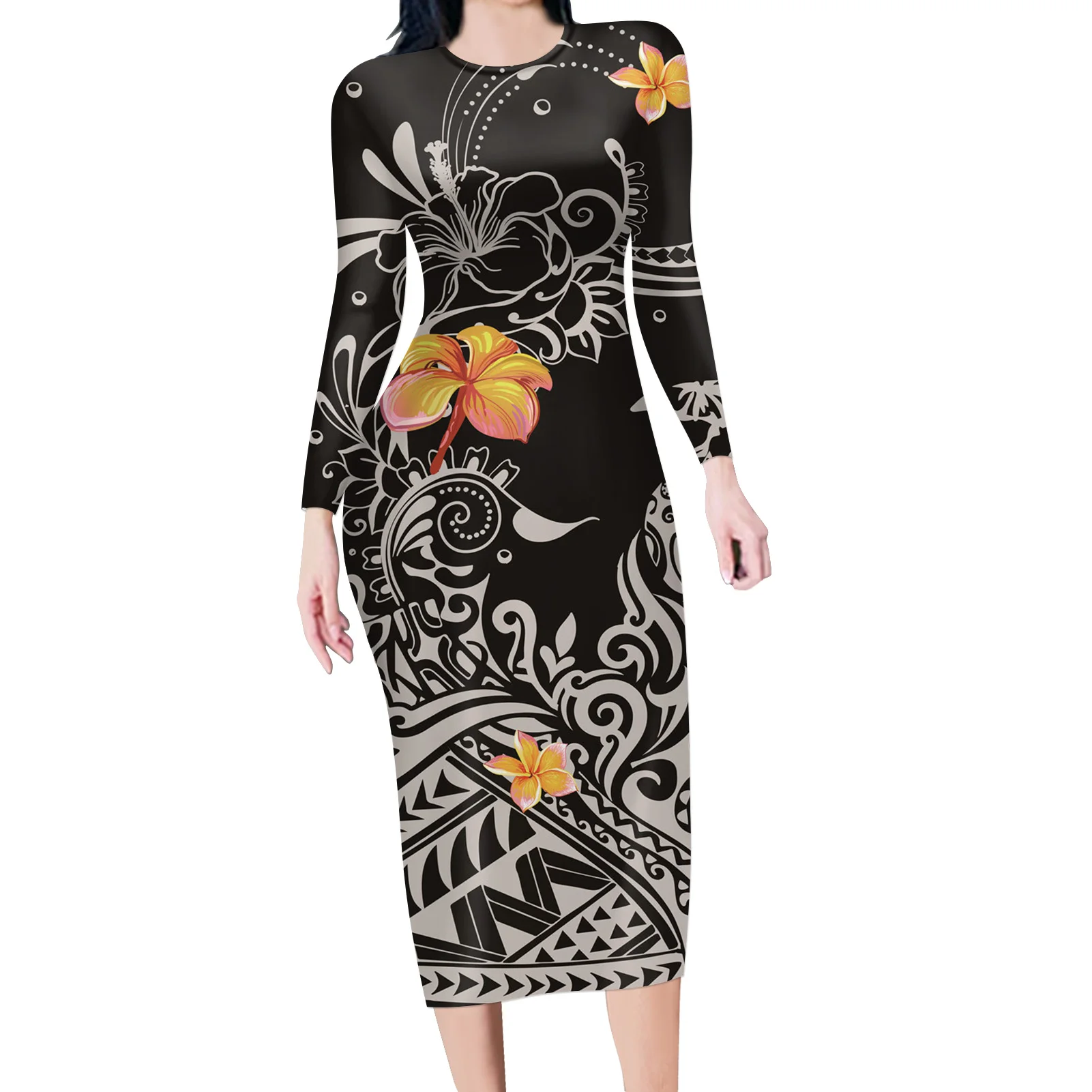 

Black Polynesian Tribal Plumeria Flower Floral Pattern Long Dress With Long Sleeves Bodycon Hip Maxi Dresses for Fall Party, Customized color