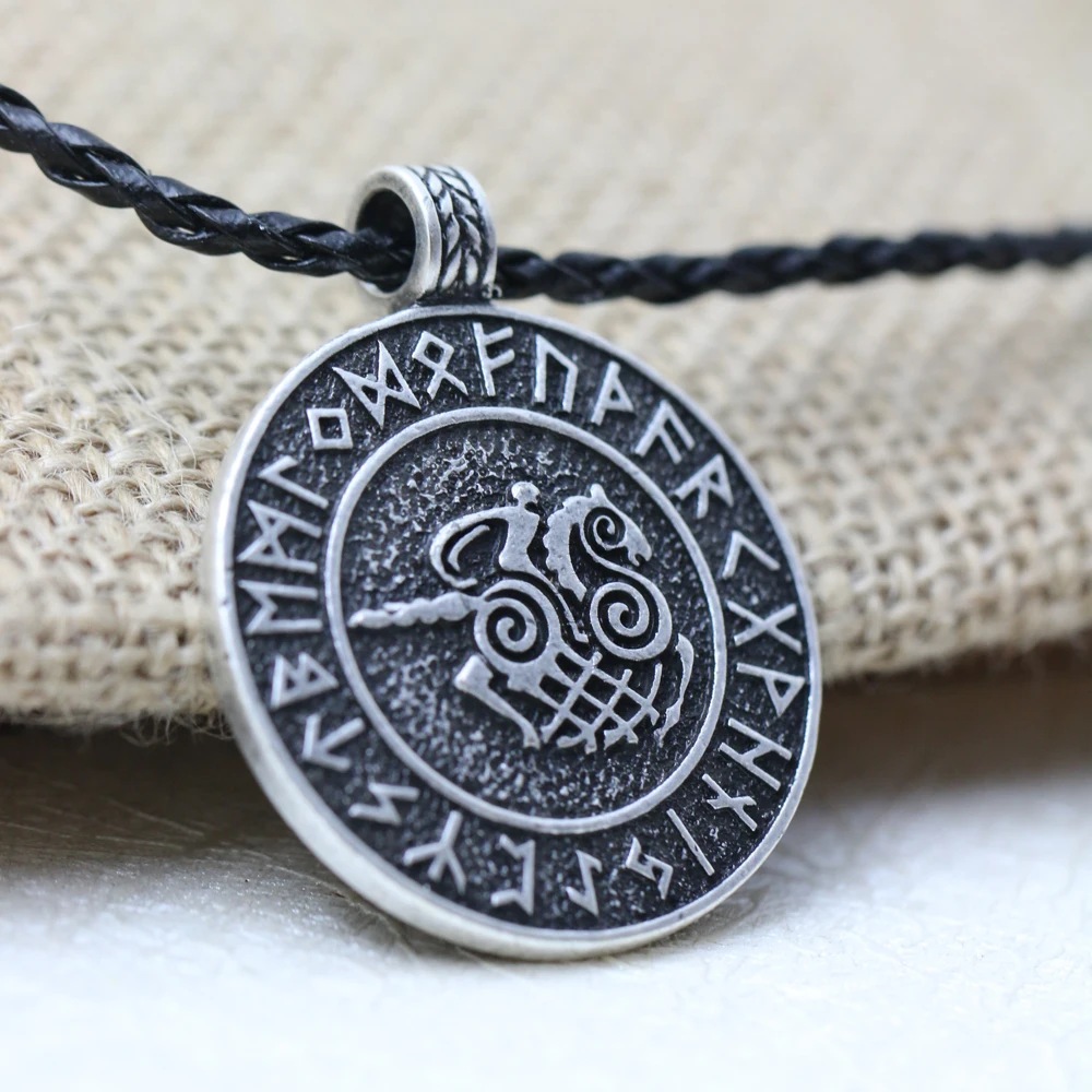 

LangHong Norse Vikings Runes Amulet Pendant Necklace For Men The Viking Sleipnir And Solider Necklace, Antique silver