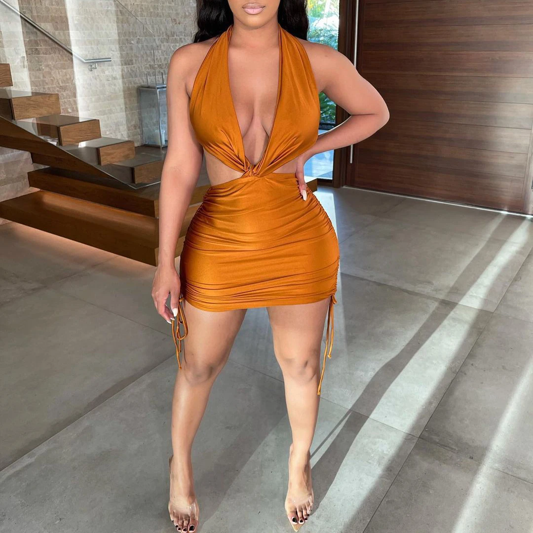 

FS2943D Sexy Summer elegant dresses for Women Cut Out Drawstring Halter Backless pleated dress