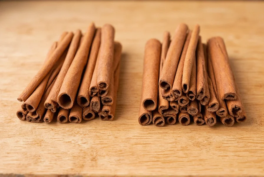 Side-by-side comparison of Ceylon cinnamon quills (thin, multiple layers) and Cassia cinnamon sticks (thick, single layer) on wooden cutting board