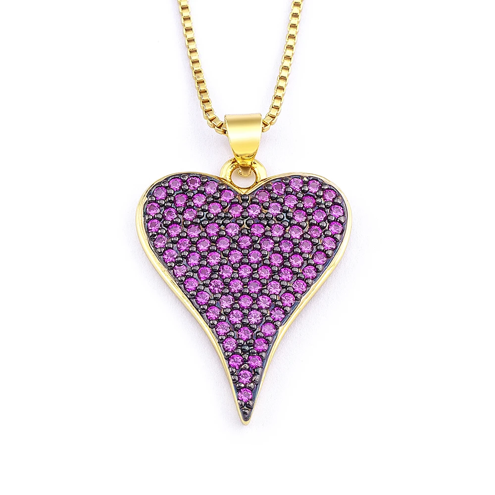 

Trendy CZ Micro Pave Full Diamond Heart Pendant Necklace Gold Plated Romantic Neck Chain for Women Valentine's Day Gifts Jewelry, Purple/white/green/dark blue