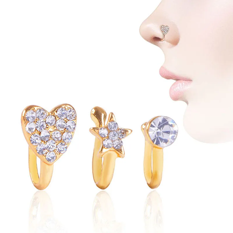 

Diamond Stainless Steel Clip On Trending Non Piercing Fake Face Nose Rings, Silver, rose gold, gold, etc