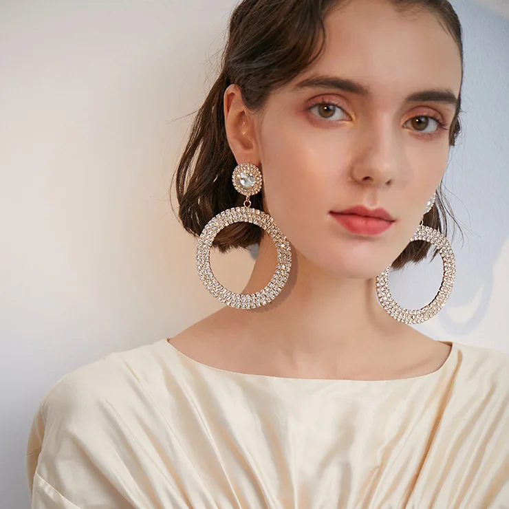 Fashion Luxury Round Diamond Earrings Women Glitter Rhinestone Earring Hoop Drop Stud