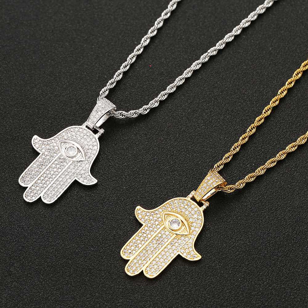 

High quality hip hop Bling Crystals Pave Hamsa Hand Eye Pendant Necklace For Men