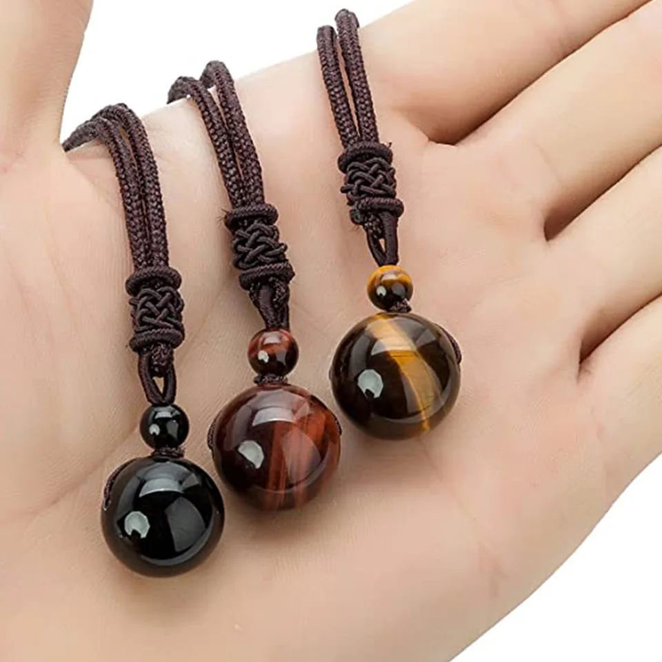 Hot Selling Men Necklace Handmade Weave Tiger Eye Stone Round Bead Natural Crystal Stone Pendant Necklace