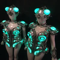

Female Warrior Armor Performance Costumes Silver mirror dress singer colorful LED light stage dance bra stage model show wear