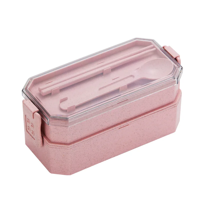 

Amazon Wholesale wheat straw Healthy and creative Square rectangle double layer lunch box with tableware