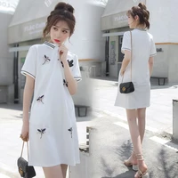 

2019 Summer Latest Fashion Design Graceful Slim A-line Turn Down Collar Bowknot Lace-up High Waist Lace Fabric Girl White Dress