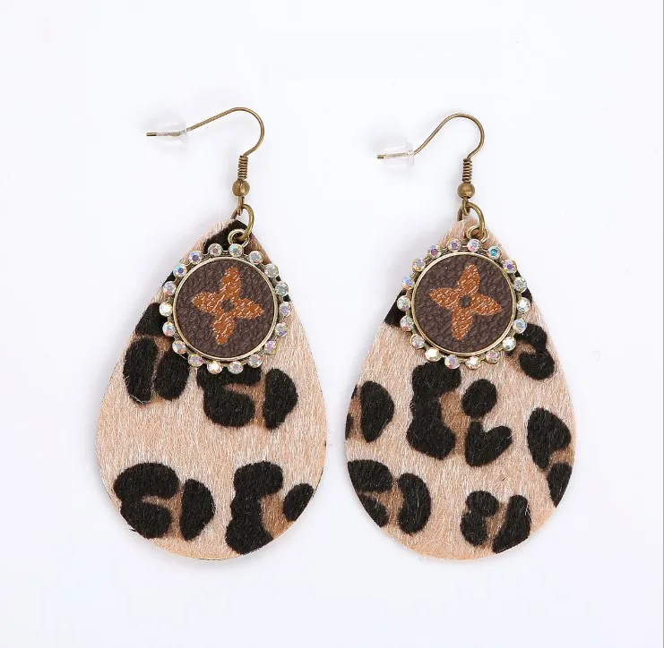 

New Fashion Designer Inspired AB Crystal Water Drop Double Layer Cheetah Leopard Leather Earrings For Women, Picture shows