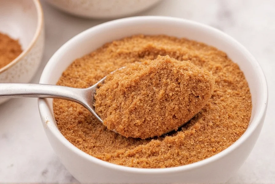 Close-up of hands mixing cinnamon and sugar in a white ceramic bowl with measuring spoons nearby