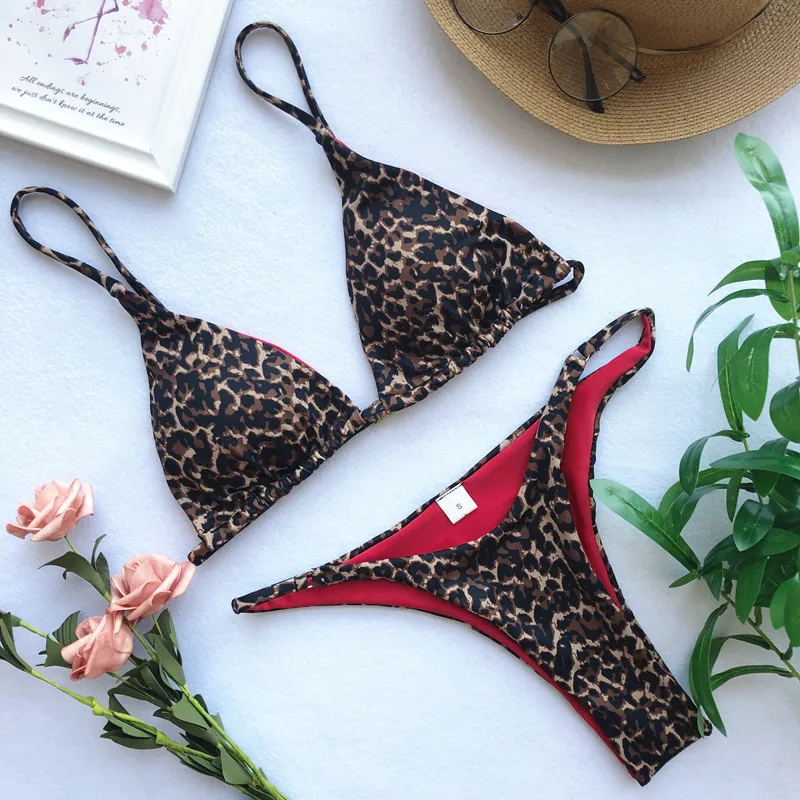 

Best Selling Women Sexy Brown Leopard Print Triangle Bikini Set