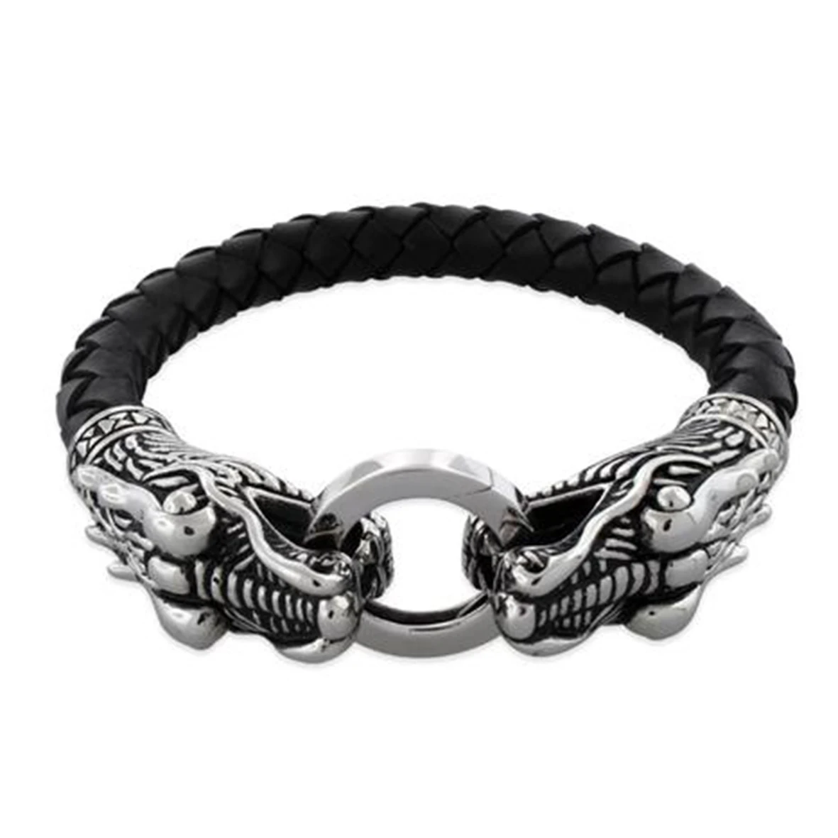 

361L Stainless Steel Leather Bracelet Custom Mens Jewelry Wide Braided Black Dragon Genuine Leather Bracelet