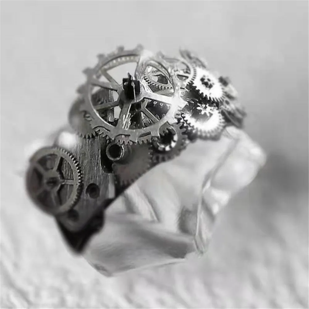 

Personality Punk Ring Buckle Exaggerated Spring Gear Mechanical Retro Ring for Man, Silver/double color