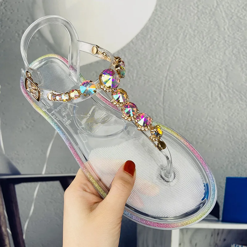 

2021 Summer Simple Color Diamond Jelly Fashion Sandals Ladies Custom Pvc Flat Beach Crystal Sandals