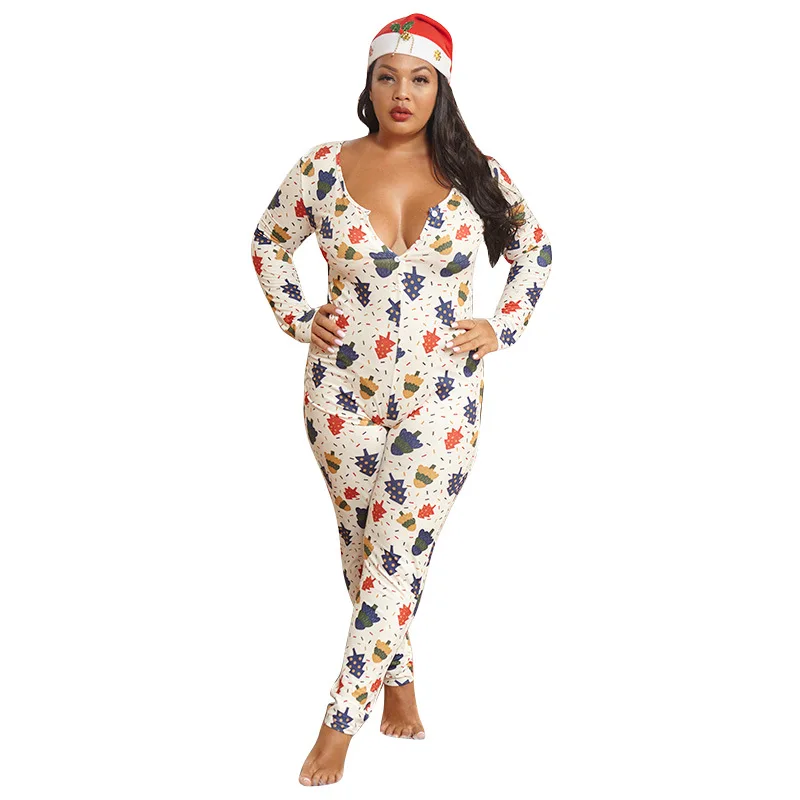 

HOT Plus Size Christmas Printed Spandex Jumpsuit Long Sleeve V Neck Bodysuit Women's Clothes Running Yoga Suit Workout Set, Customized colors