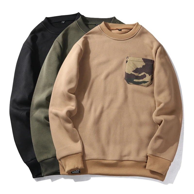 

Essentials Men's Fleece Crewneck Sweatshirts and Camo Pocket on the Bust Urban Loose Fit Winter Shirts, Khaki/army green/black