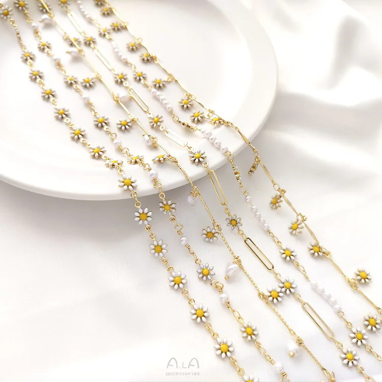 

14k Gold Plated Small Chrysanthemum Pearl Small Flower Chain Roll For Handmade Diy Jewelry Making