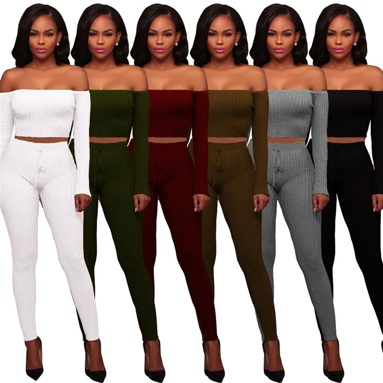 

Fitness Sporty Women Tracksuit Long Sleeve Off Shoulder Ribbed Crop Top and Stretchy Legging Two Piece Set Streetwear Outfits, As picture